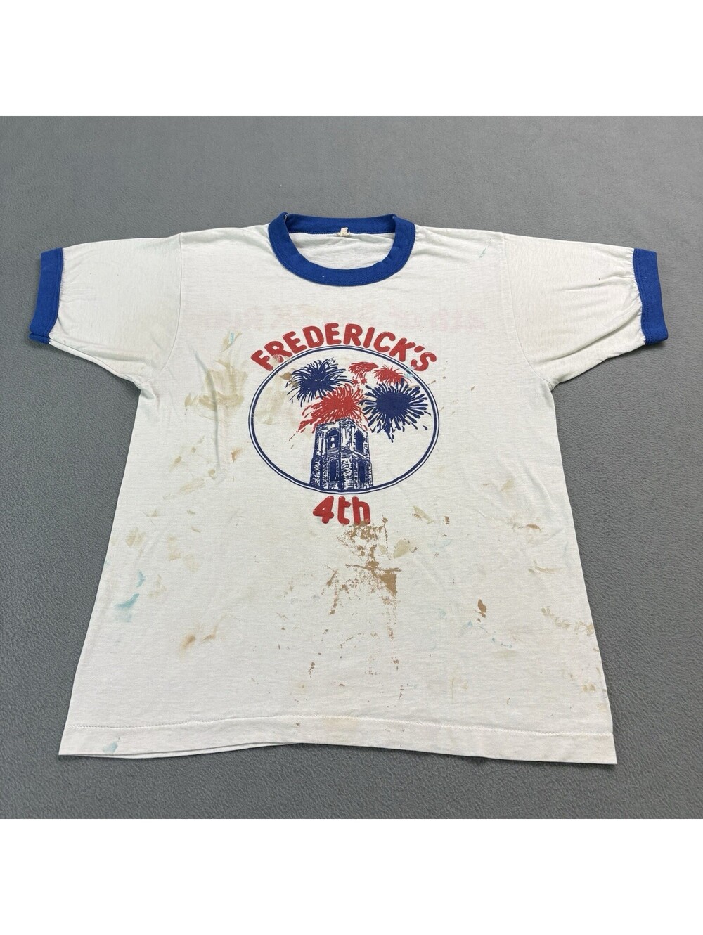 Vintage 1990 Fredrick’s 4th Ringer T Shirt Medium (Fits Small) Paint Distressed
